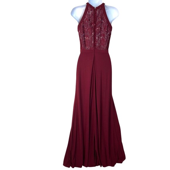 Nightway Wine Red Lace Halter Sleeveless Slit Full Length Cocktail Prom Gown 2 - Picture 3 of 8
